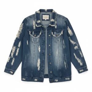 THE STYLE BETWEEN US Women's GOOD VIBES ONLY Denim Jacket DISTRESSED Size L/XL
